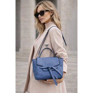 Annabel Ingall Blue Pebbled Leather Belted Satchel Top Handle Crossbody Bag